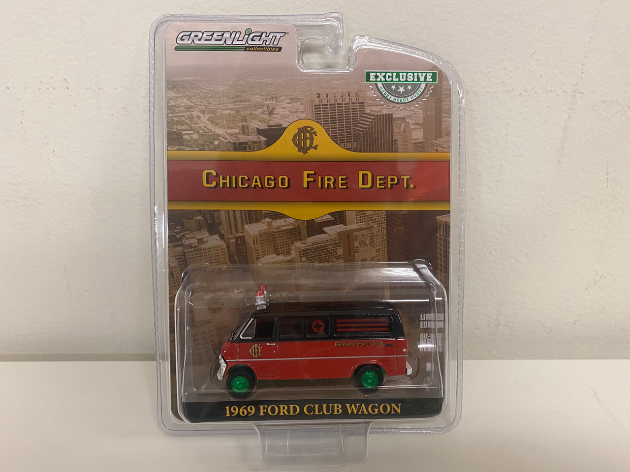 CHASE CAR 1969 Ford Club Wagon Ambulance Black and Red "Chicago Fire Department" "Hobby Exclusive" 1/64 Diecast Model Car by Greenlight