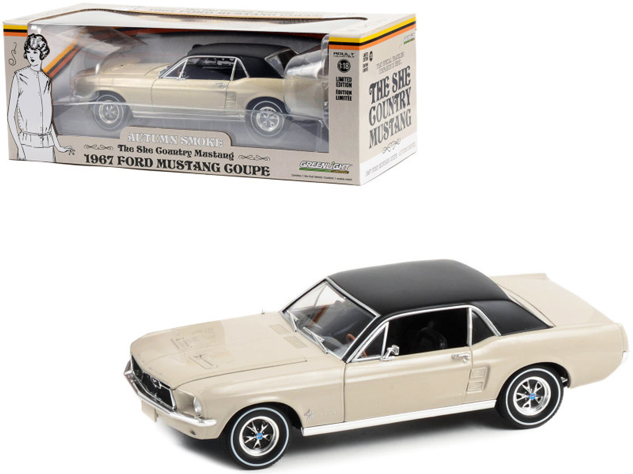 1/18 Greenlight 1967 Ford Mustang Coupe Autumn Smoke Beige with Black Vinyl Top "She Country Special - Bill Goodro Ford Denver Colorado" Diecast Car Model