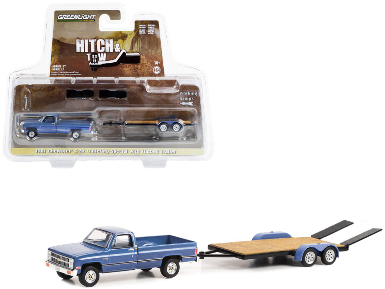 1981 Chevrolet C-20 Trailering Special Pickup Truck Blue with Black Stripes and Flatbed Trailer "Hitch & Tow" Series 27 1/64 Diecast Model Car by Greenlight