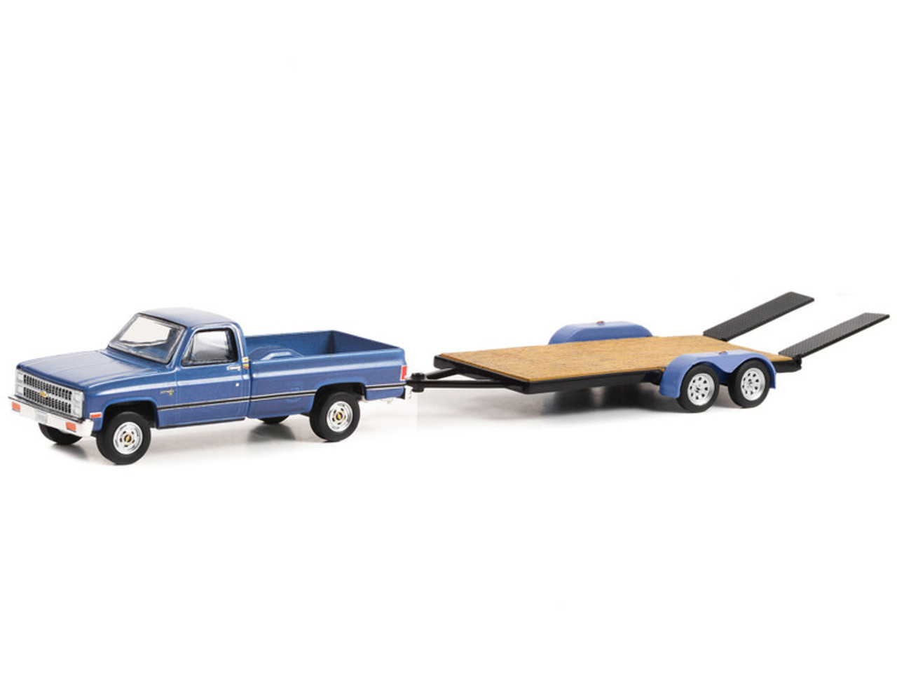 1981 Chevrolet C-20 Trailering Special Pickup Truck Blue with Black Stripes and Flatbed Trailer "Hitch & Tow" Series 27 1/64 Diecast Model Car by Greenlight