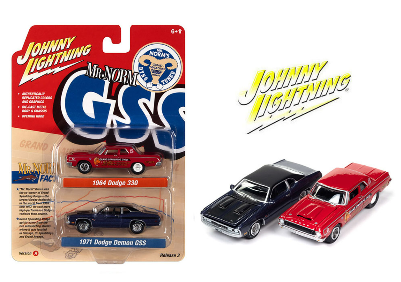 1/64 Johnny Lightning Mr.Norm 1964 Dodge 330 (Red) & 1971 Dodge Demon GSS (Purple) Diecast Car Model