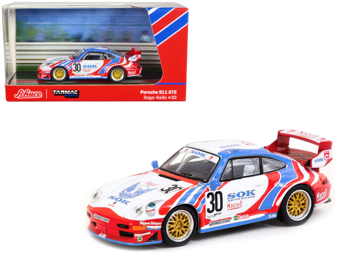 1/64 Tarmac Works & Schuco Porsche 911 GT2 Sohgo-Keibi #30 Diecast Car Model