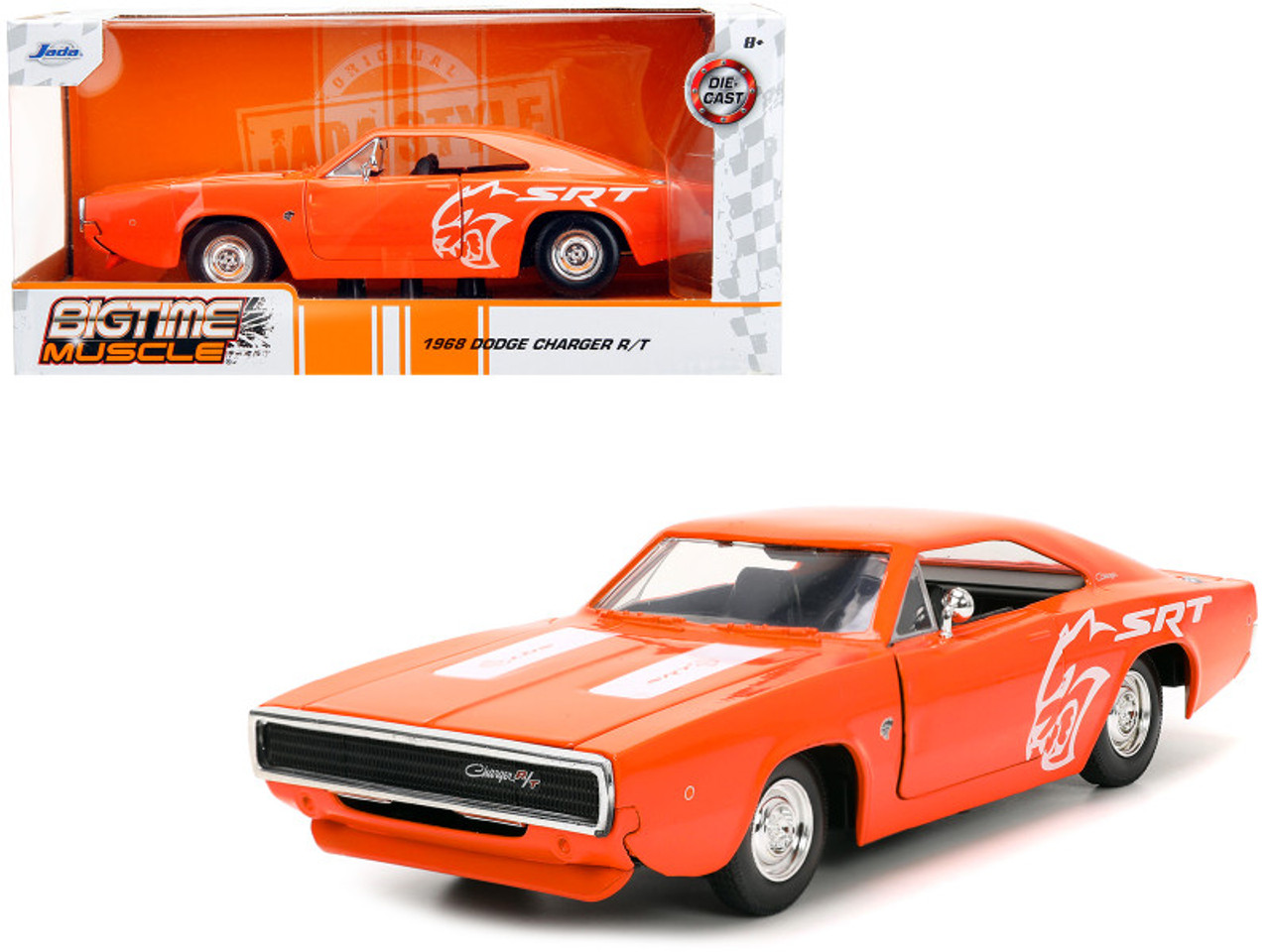 1968 Dodge Charger R/T SRT Orange with White Stripes and Graphics "Bigtime Muscle" Series 1/24 Diecast Model Car by Jada