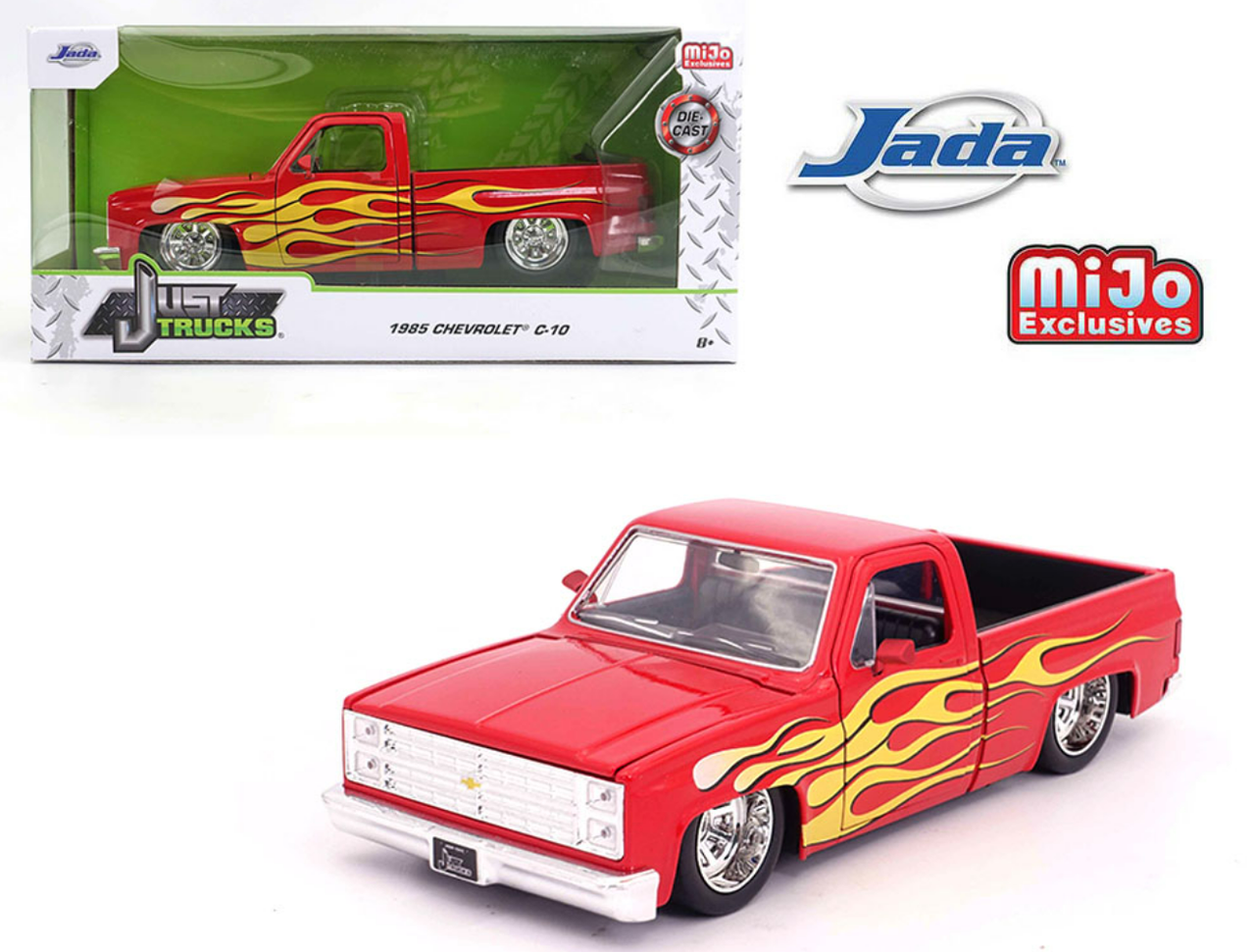 1/24 Jada 1985 Chevrolet C10 Pickup Custom Red With Flames Diecast Car Model