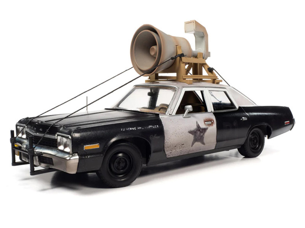 1/18 Auto World 1974 Dodge Monaco "Bluesmobile" with Loud Speaker Black and White (Dirty) with Jake and Elwood Blues Figures "The Blues Brothers" (1980) Movie Diecast Car Model