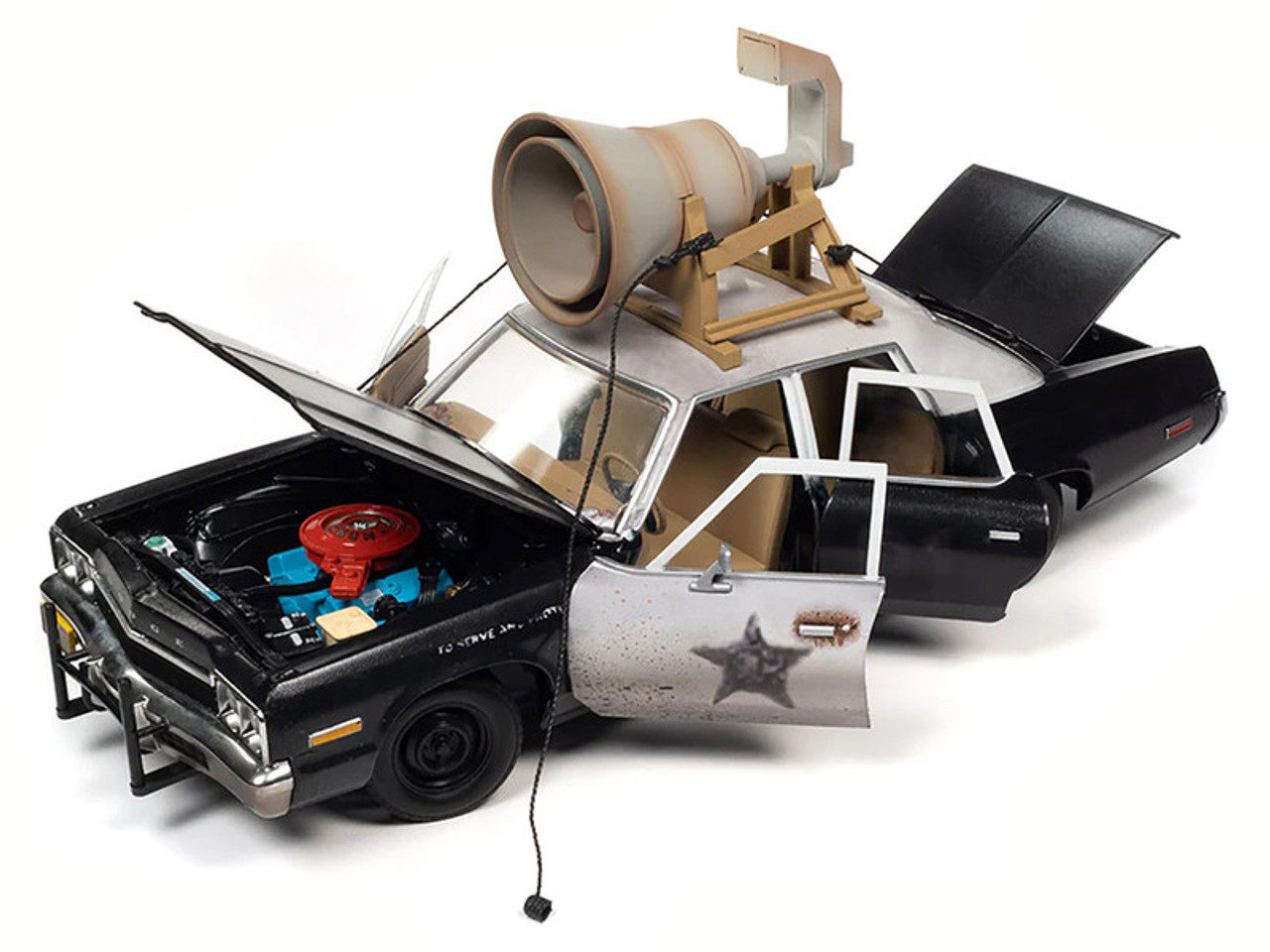 1/18 Auto World 1974 Dodge Monaco "Bluesmobile" with Loud Speaker Black and White (Dirty) with Jake and Elwood Blues Figures "The Blues Brothers" (1980) Movie Diecast Car Model