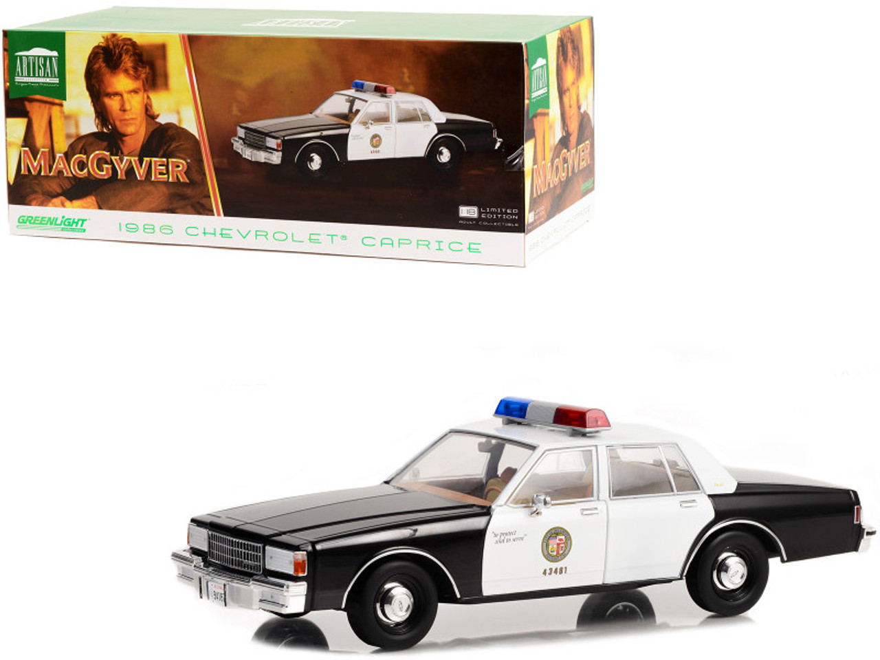 1986 Chevrolet Caprice Black and White LAPD (Los Angeles Police Department) "MacGyver" (1985-1992) TV Series "Artisan Collection" 1/18 Diecast Model Car by Greenlight