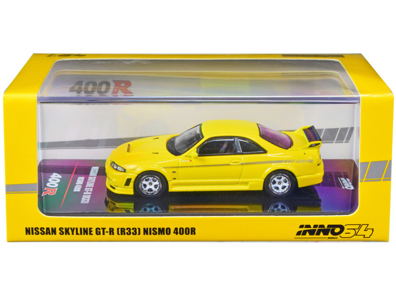 Nissan Skyline GT-R (R33) Nismo 400R RHD (Right Hand Drive) Lightning  Yellow with Silver Stripes 1/64 Diecast Model Car by Inno Models