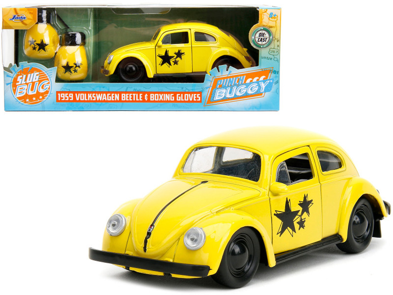 1959 Volkswagen Beetle Yellow with Black Graphics and Boxing Gloves Accessory "Punch Buggy" Series 1/32 Diecast Model Car by Jada