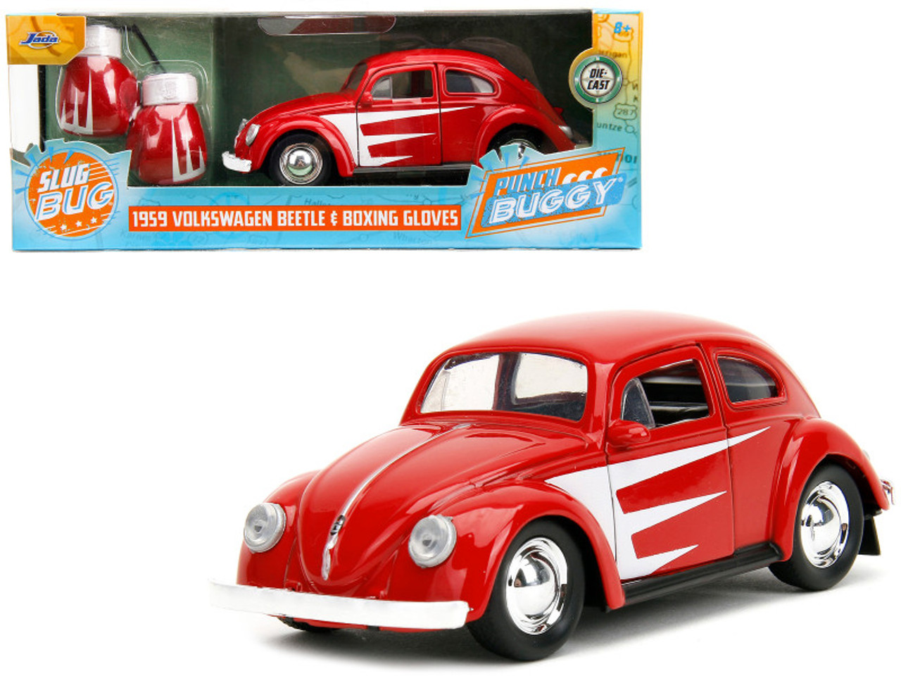 1959 Volkswagen Beetle Red with White Graphics and Boxing Gloves Accessory "Punch Buggy" Series 1/32 Diecast Model Car by Jada