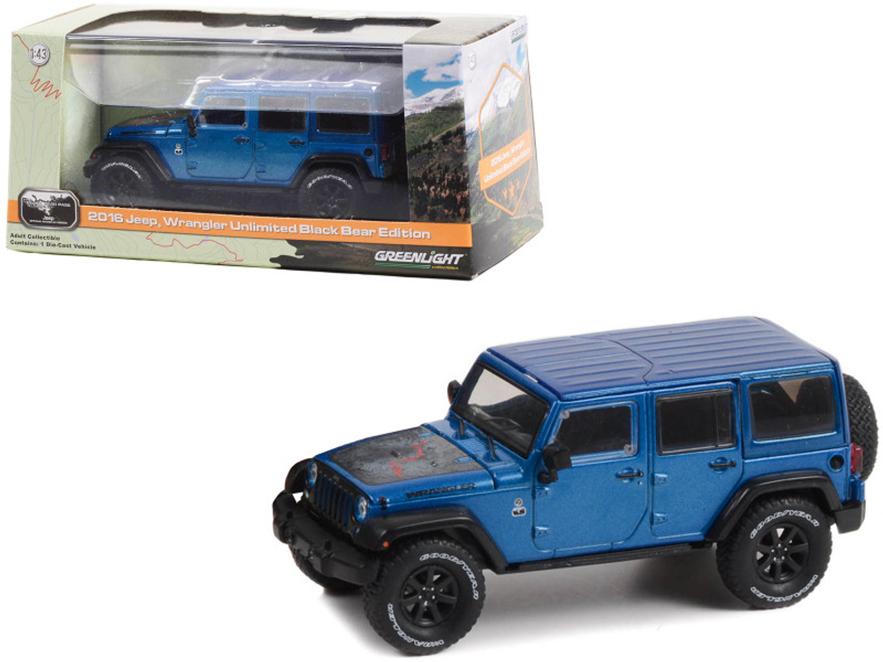 2016 Jeep Wrangler Unlimited Black Bear Edition Hydro Blue Pearl Metallic "Jeep Official Badge of Honor Black Bear Pass Telluride Colorado" 1/43 Diecast Model Car by Greenlight