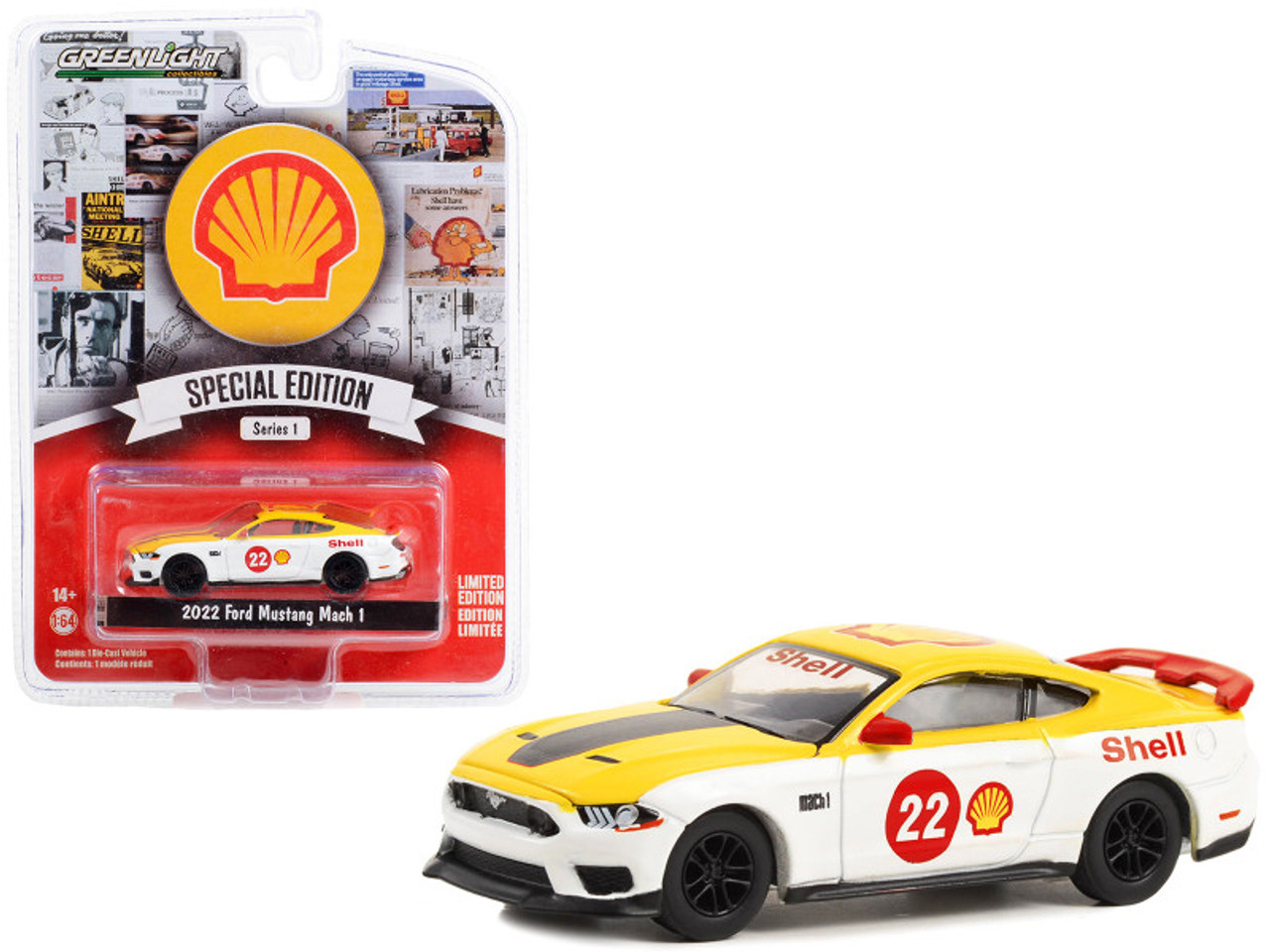 2022 Ford Mustang Mach 1 #22 Yellow and White "Shell Racing" "Shell Oil Special Edition" Series 1 1/64 Diecast Model Car by Greenlight
