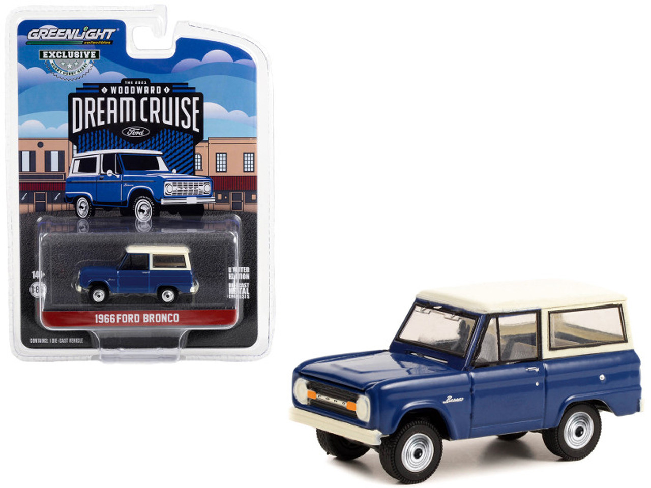 1966 Ford Bronco Blue with White Top "26th Annual Woodward Dream Cruise" (2021) "Hobby Exclusive" Series 1/64 Diecast Model Car by Greenlight