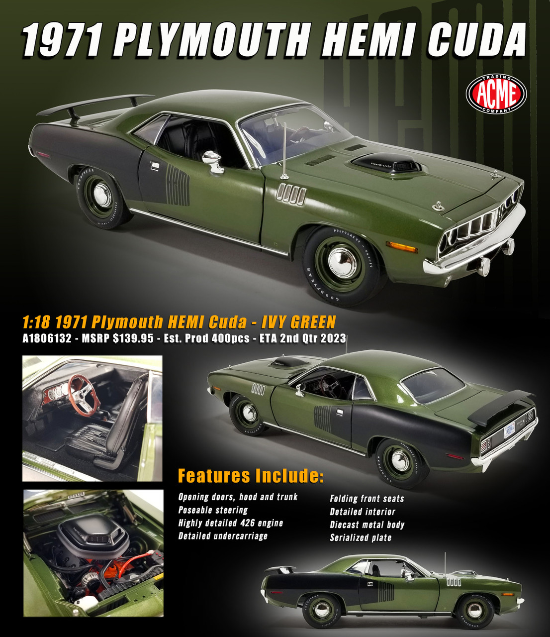 1/18 ACME 1971 Plymouth Hemi Cuda Hardtop (Ivy Green) Diecast Car