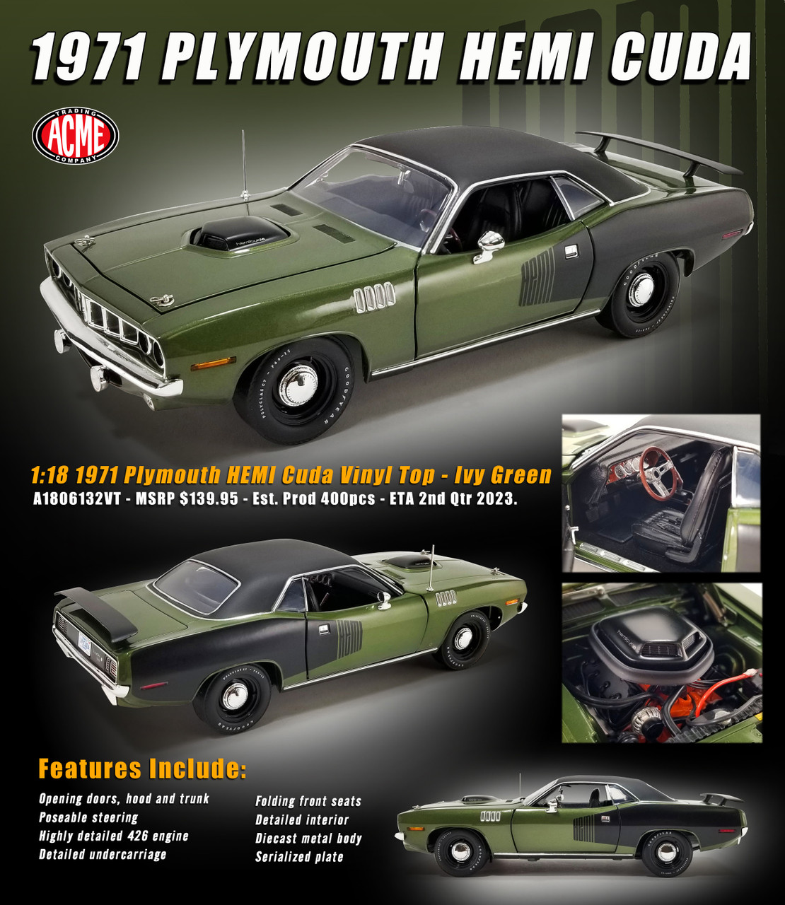 1/18 ACME 1971 Plymouth Hemi Cuda Vinyl Top (Ivy Green) Diecast Car Model