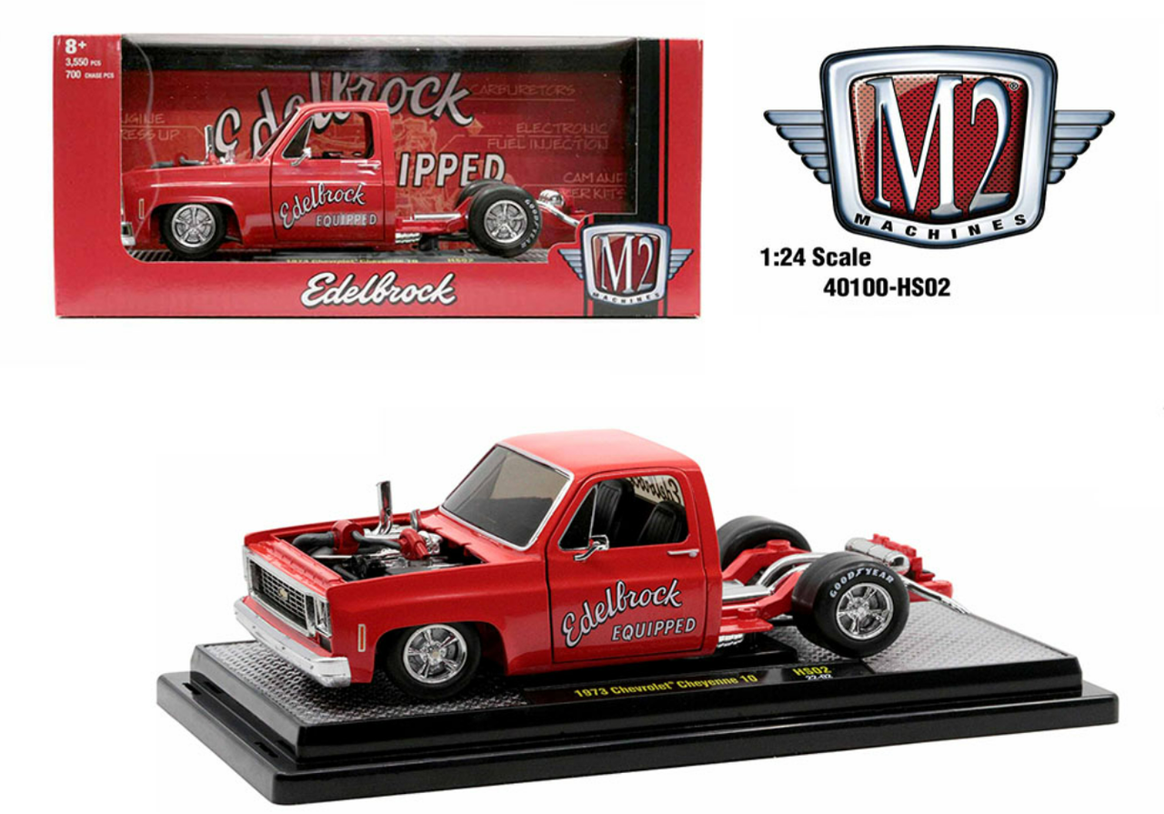 1/24 M2 Machines 1973 Chevrolet Cheyenne Super 10 Edelbrock Custom Bedless Squarebody Diecast Car Model