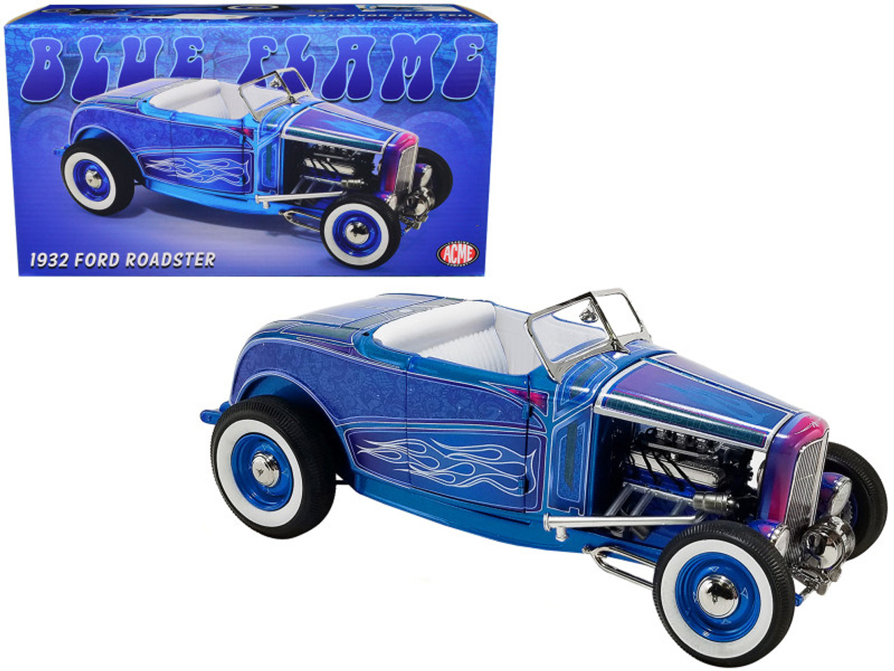 1/18 ACME 1932 Ford Hot Rod Roadster Blue Flame Diecast Car Model