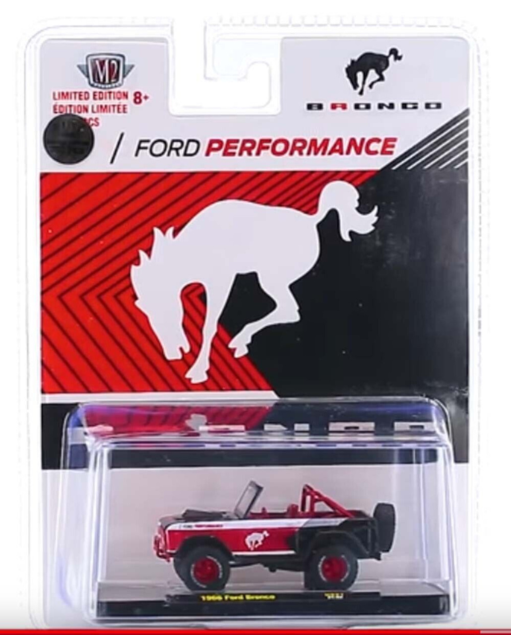 CHASE CAR 1966 Ford Bronco Red and Black with White Stripes "Ford Performance" Limited Edition to 8250 pieces Worldwide 1/64 Diecast Model Car by M2 Machines