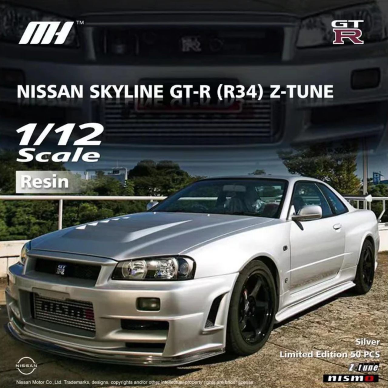 1/12 Motorhelix Nissan Skyline GT-R (R34) Z-Tune (Silver) Fully Open Diecast Car Model with Extra Engine