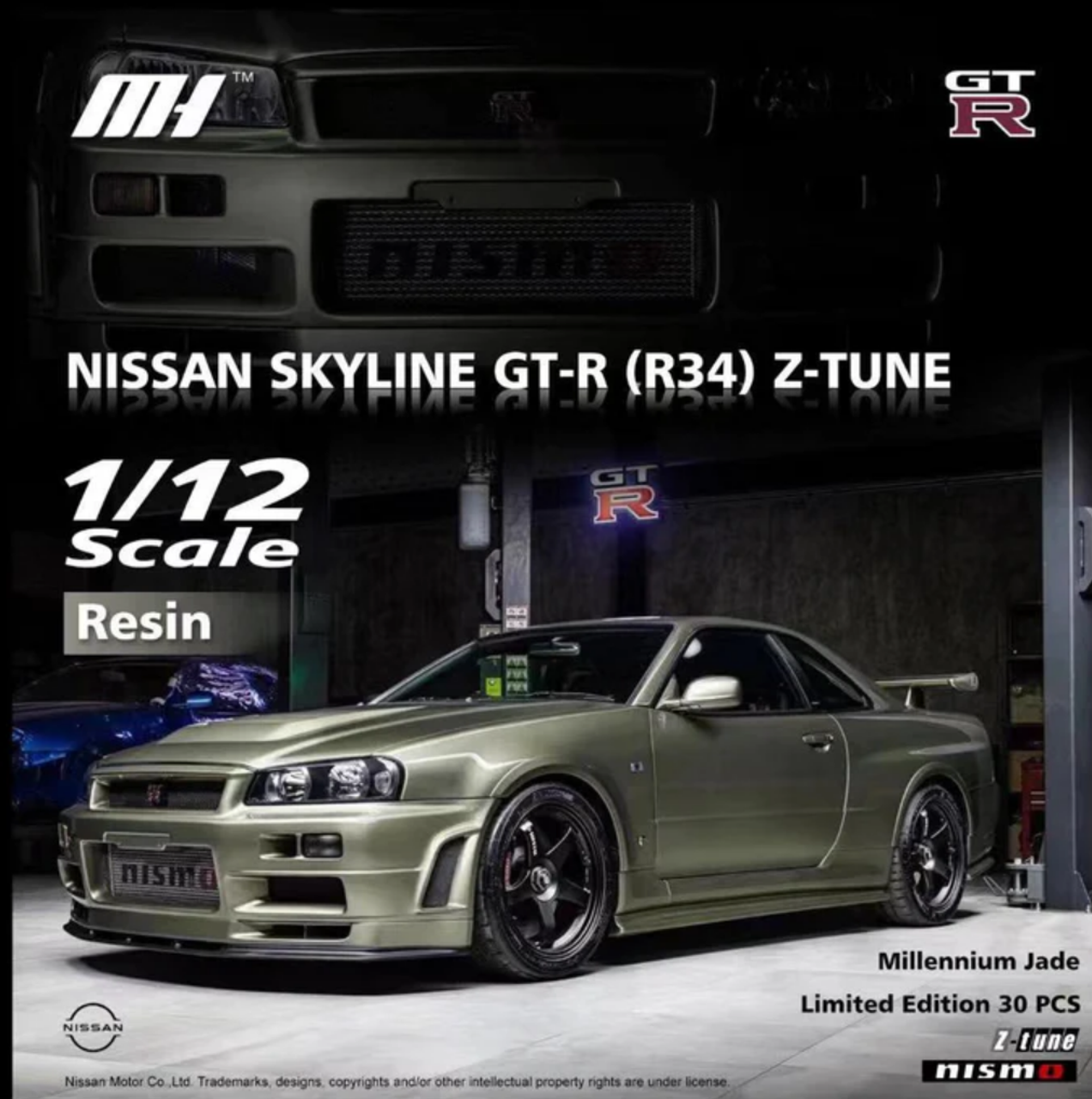 1/12 Motorhelix Nissan Skyline GT-R (R34) Z-Tune (Green) Fully Open Diecast Car Model with Extra Engine