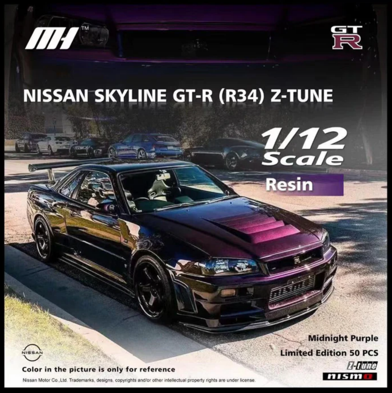1/12 Motorhelix Nissan Skyline GT-R (R34) Z-Tune (Purple) Fully Open Diecast Car Model with Extra Engine
