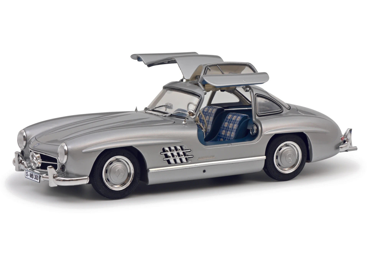 1/18 Schuco 1954-1957 Mercedes-Benz 300 SL Gullwing (W198) (Silver with Blue Interior) Diecast Car Model
