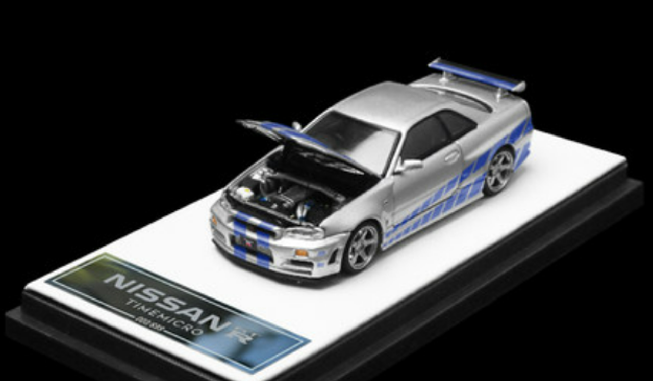 1/64 TimeMicro Nissan Skyline GT-R R34 (Silver with Blue Accent) Diecast Car Model