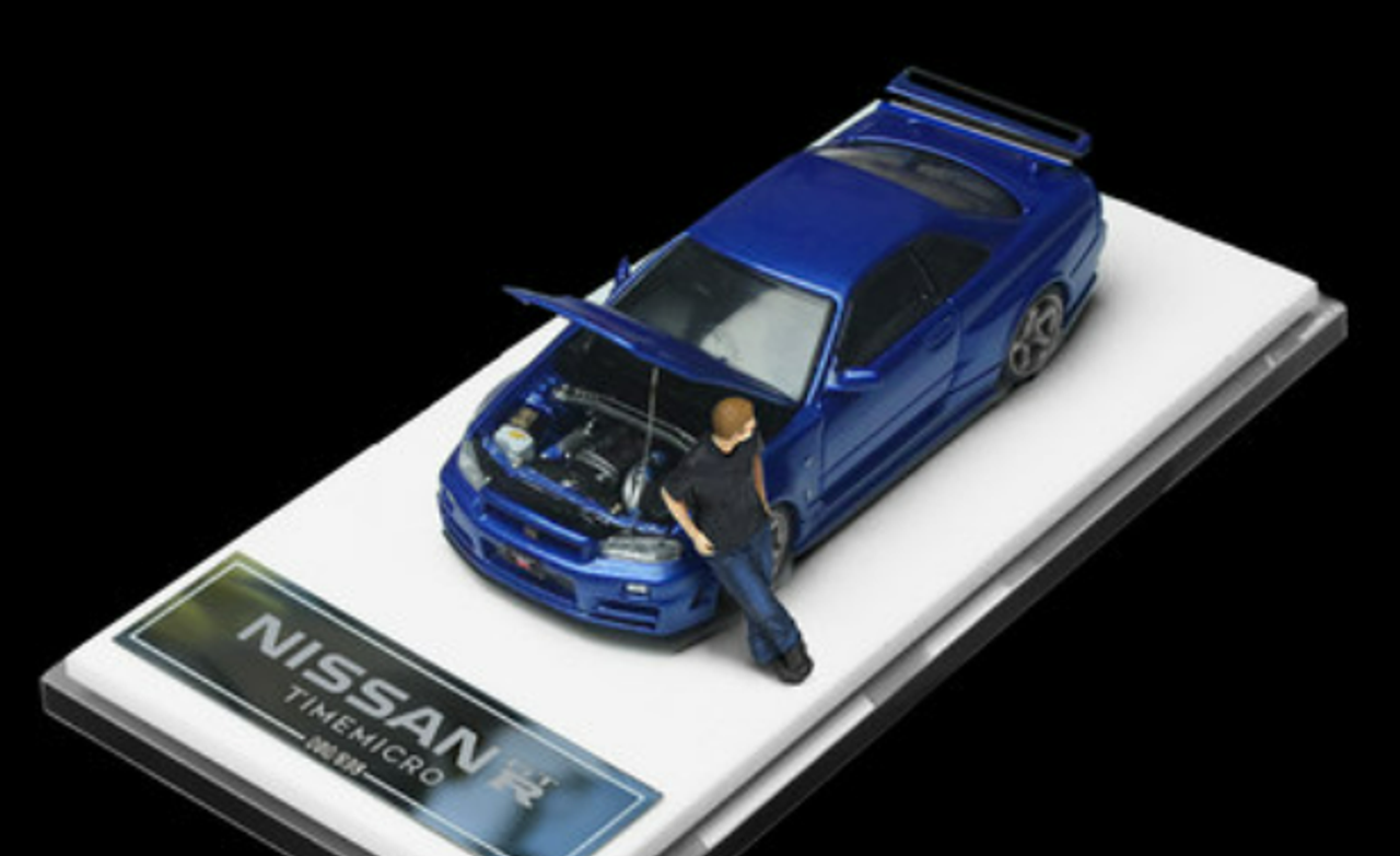 1/64 TimeMicro Nissan Skyline GT-R R34 (Blue) with Figure Diecast Car Model