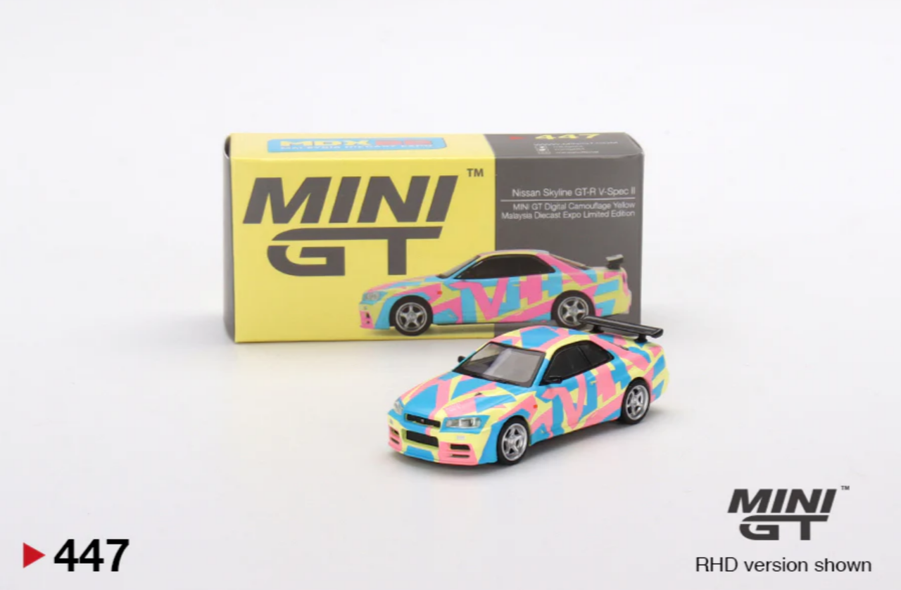 1/64 Mini GT Nissan Skyline GT-R GTR R34 V-Spec II Digital Camouflage Yellow Car Model