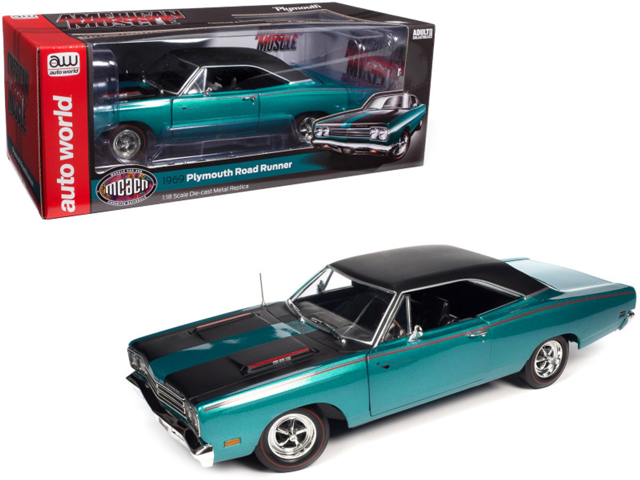 1/18 Auto World 1969 Plymouth Road Runner Seafoam Turquoise Metallic with Black Top and Red Stripes Diecast Car Model