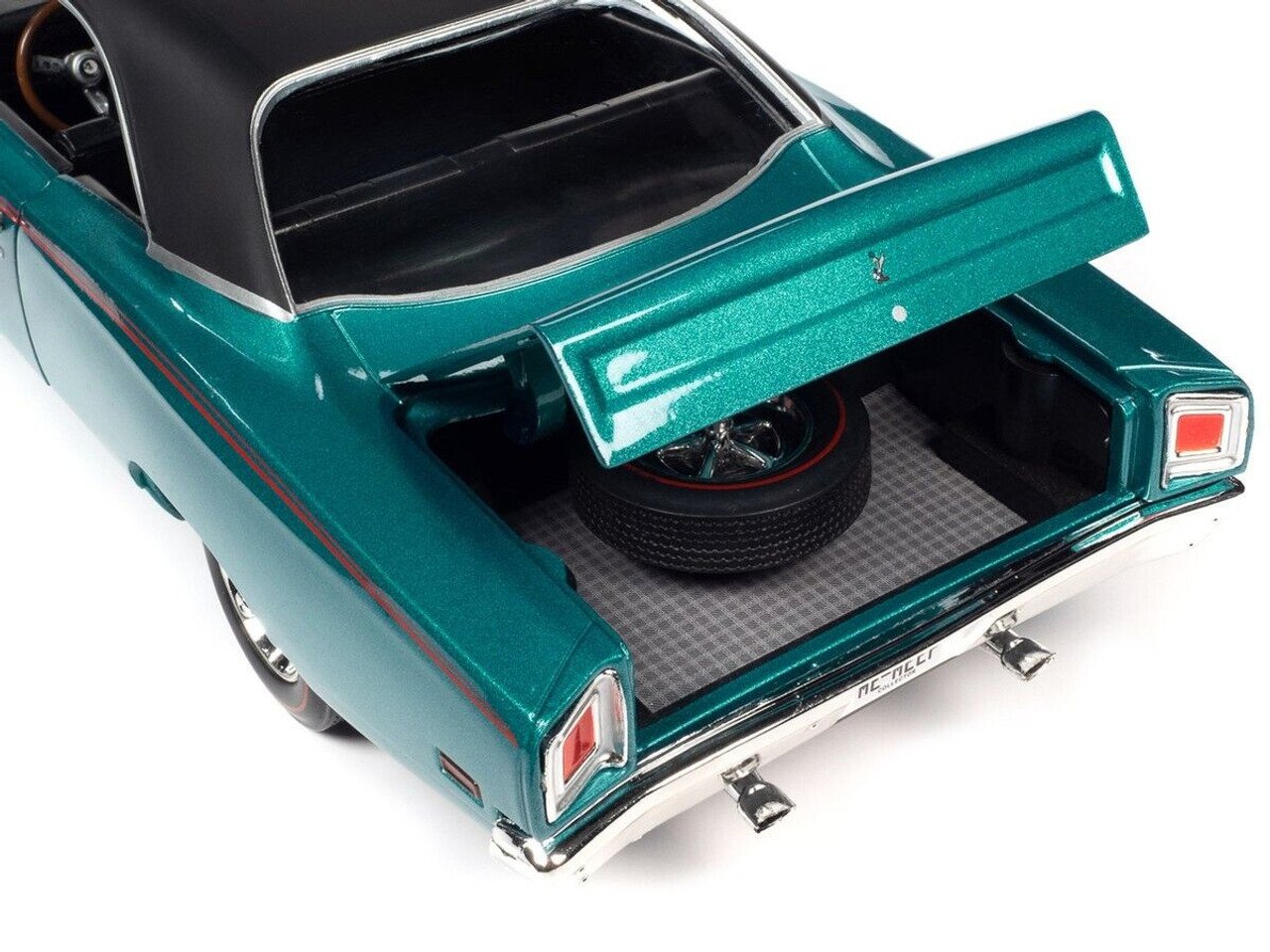 1/18 Auto World 1969 Plymouth Road Runner Seafoam Turquoise Metallic with Black Top and Red Stripes Diecast Car Model
