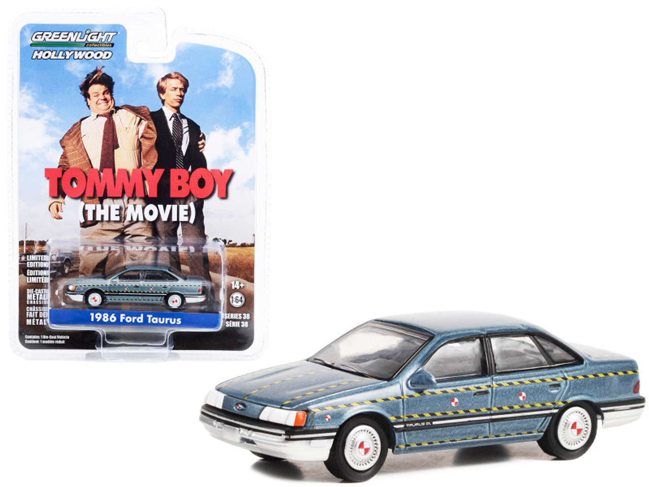 1986 Ford Taurus Blue Metallic "Zalinsky Auto Parts" Crash Test Vehicle "Tommy Boy" (1995) Movie "Hollywood Series" Release 38 1/64 Diecast Model Car by Greenlight