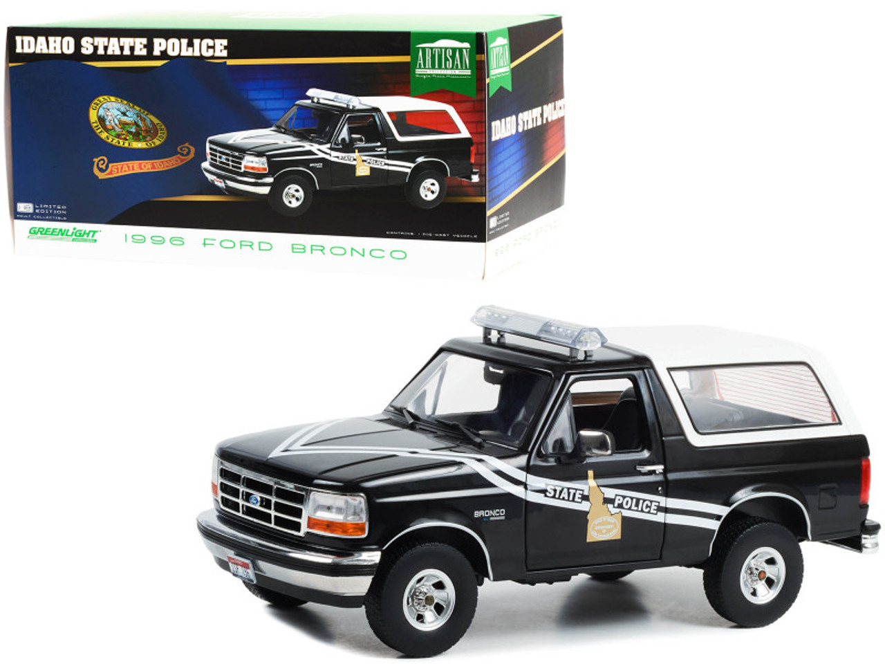 1/18 Greenlight 1996 Ford Bronco Black and White "Idaho State Police" "Artisan Collection" Diecast Car Model