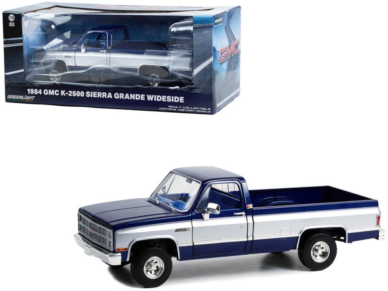 1984 GMC K-2500 Sierra Grande Wideside Pickup Truck Dark Blue Metallic and Silver with Blue Interior 1/18 Diecast Model Car by Greenlight