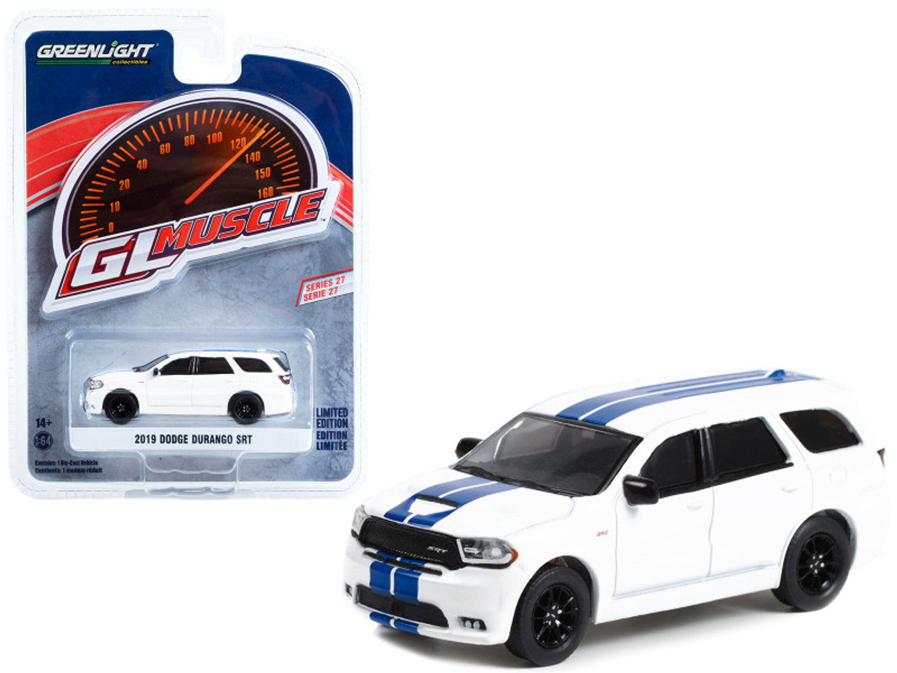 2019 Dodge Durango SRT White with Blue Stripes "Greenlight Muscle" Series 27 1/64 Diecast Model Car by Greenlight