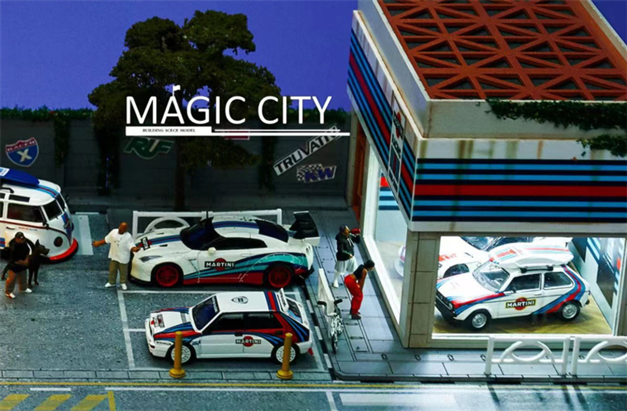 1/64 Magic City Martini Theme Gas Station & Showroom Diorama with LED Lights (cars & figures NOT included)