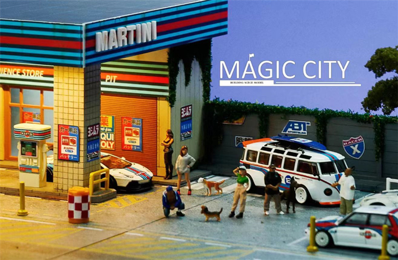1/64 Magic City Martini Theme Gas Station & Showroom Diorama with LED Lights (cars & figures NOT included)