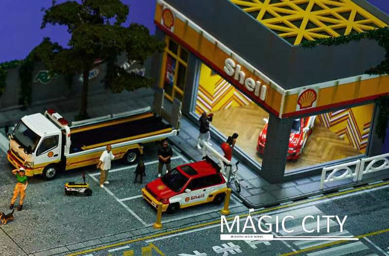 1/64 Magic City Shell Theme Gas Station & Showroom Diorama with LED Lights (cars & figures NOT included)