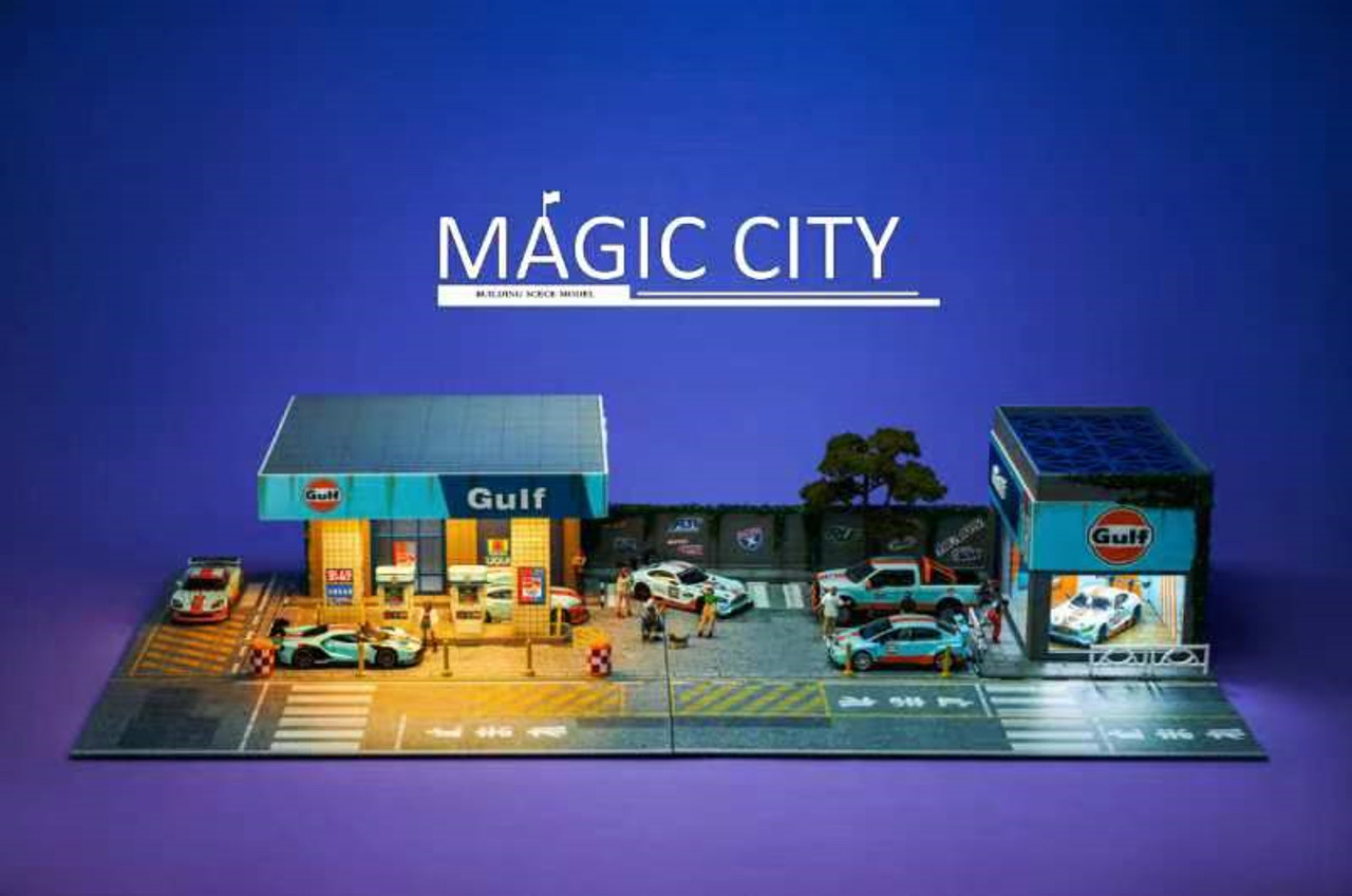 1/64 Magic City Gulf Theme Gas Station & Showroom Diorama with LED Lights (cars & figures NOT included)