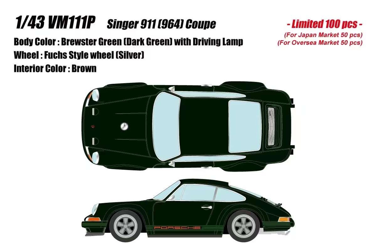 1/43 Make Up Porsche Singer 911 (964) Coupe (Brewster Dark Green with Driving Lamp & Silver Fuchs Style Wheel) Resin Car Model Limited 100 Pieces