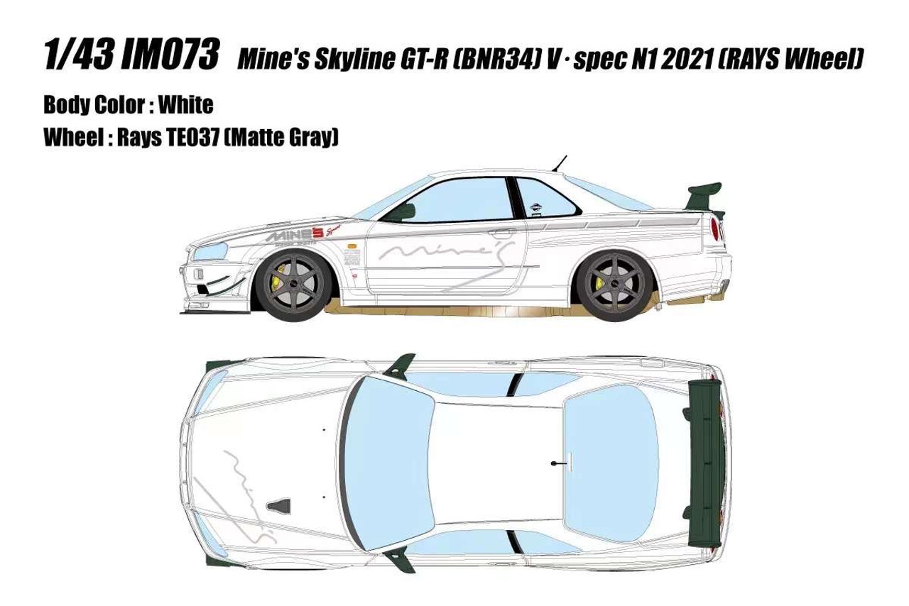 1/18 Make Up 2021 Mine's Nissan Skyline GT-R R34 (BNR34) V-Spec N1 (White with Matte Grey Rays TE037 Wheels) Resin Car Model