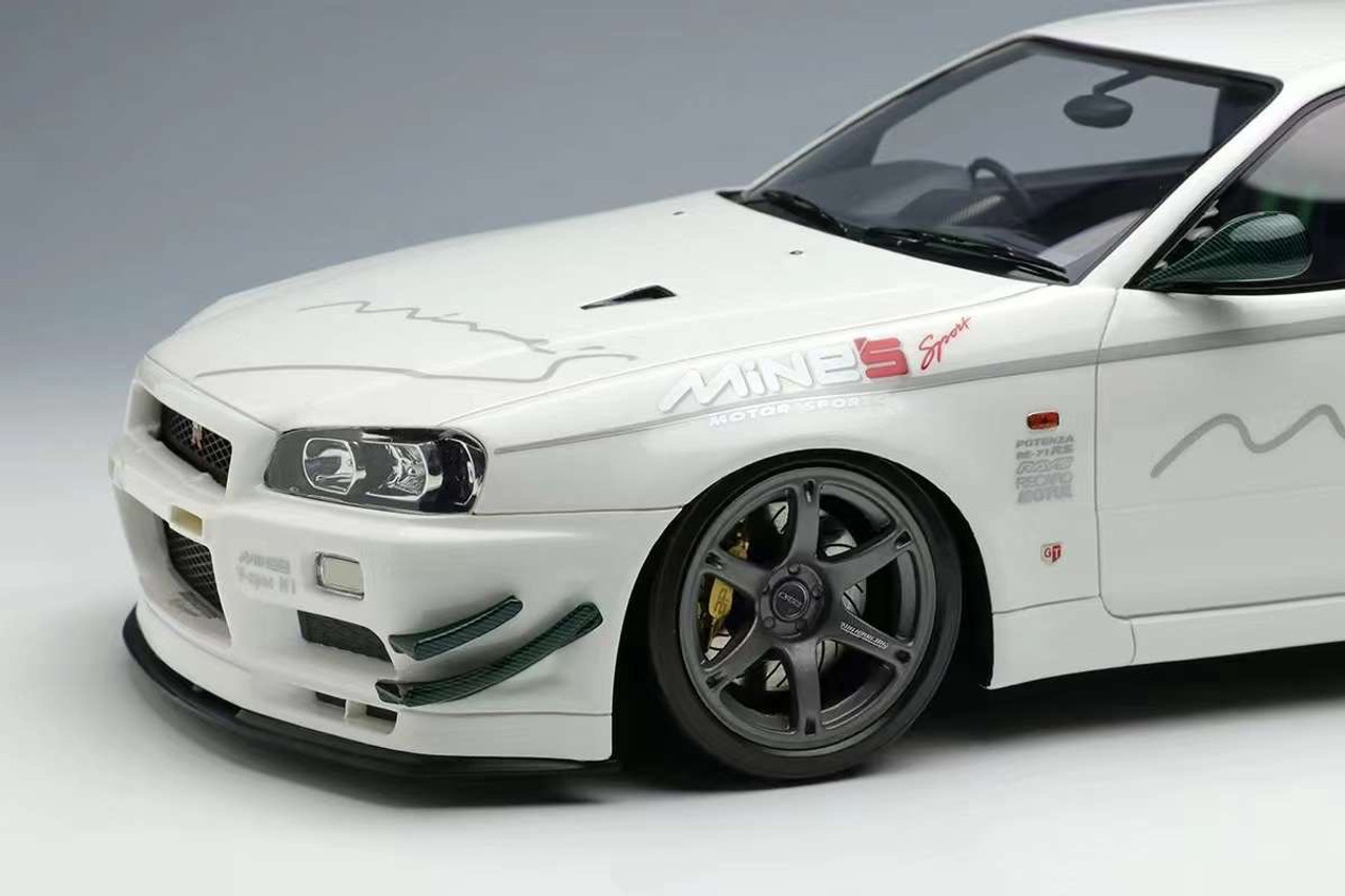 1/18 Make Up 2021 Mine's Nissan Skyline GT-R R34 (BNR34) V-Spec N1 (White with Matte Grey Rays TE037 Wheels) Resin Car Model