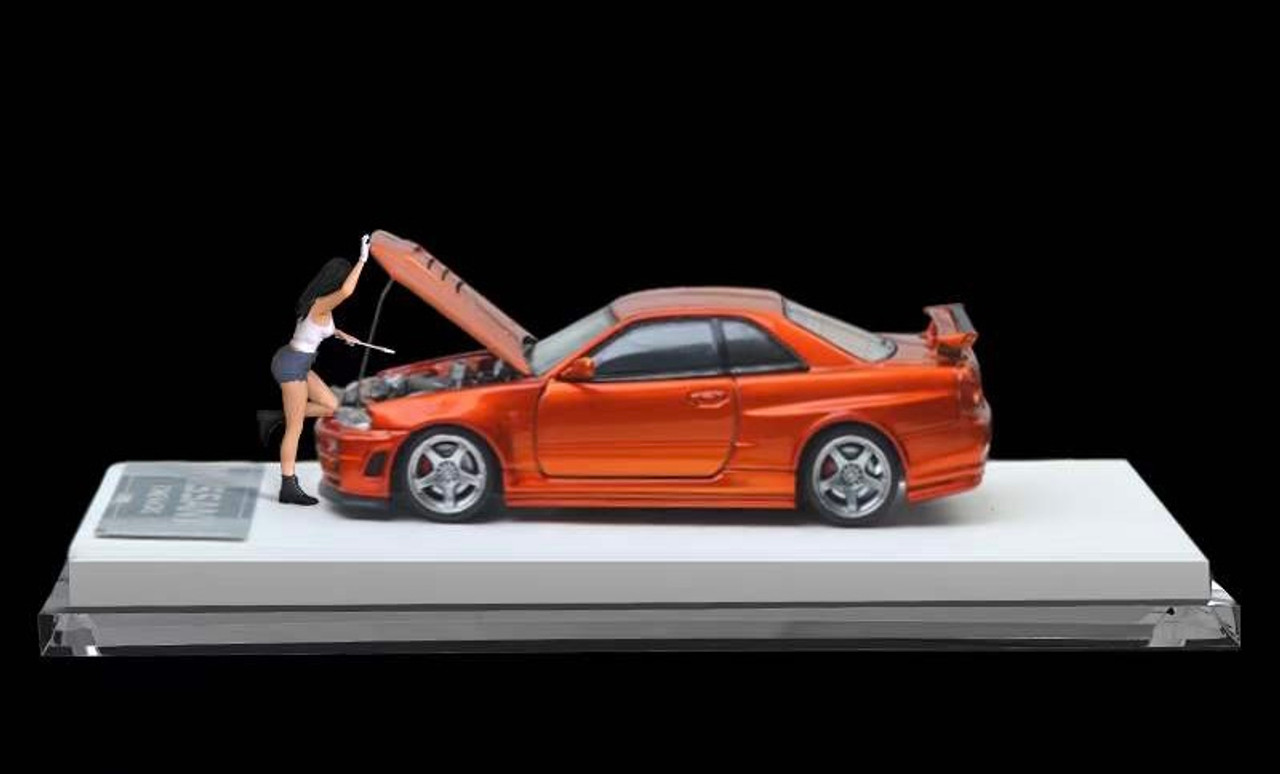 1/64 Time Micro Nissan Skyline GT-R GTR R34 (Orange) Diecast Car Model with  Figure