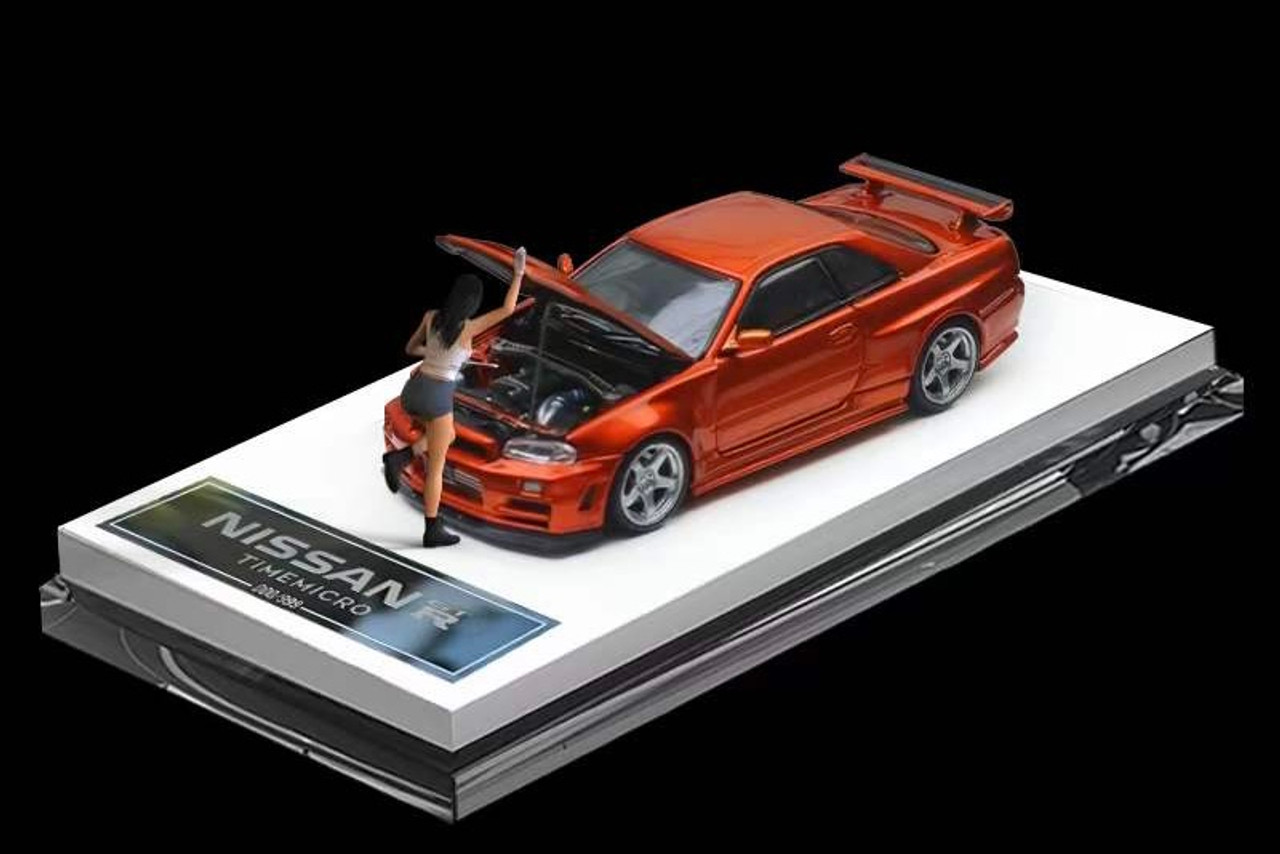 1/64 Time Micro Nissan Skyline GT-R GTR R34 (Orange) Diecast Car Model with  Figure