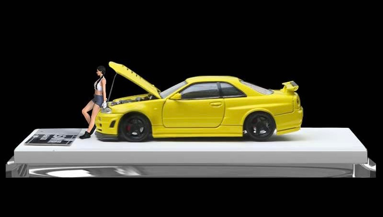 1/64 Time Micro Nissan Skyline GT-R GTR R34 (Yellow) Diecast Car Model with Figure with Figure