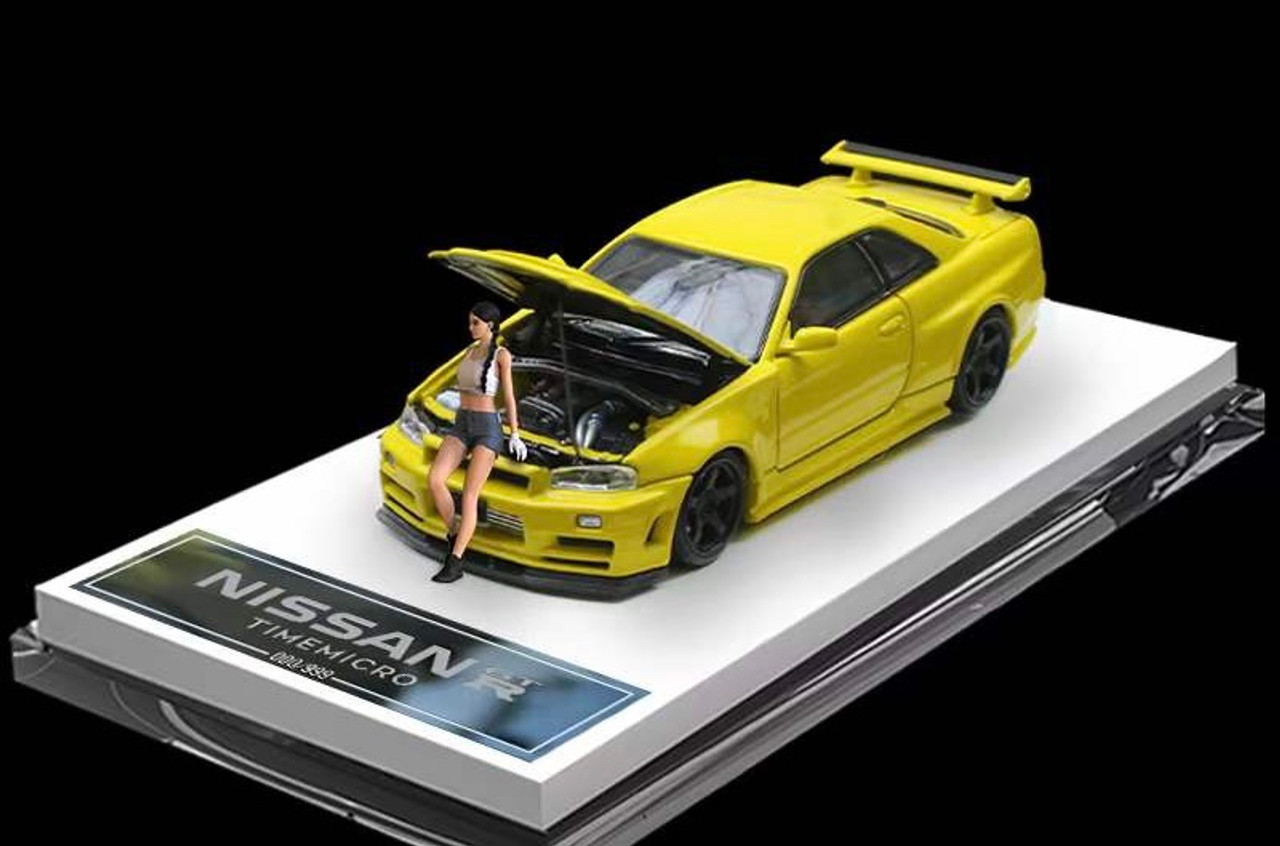1/64 Time Micro Nissan Skyline GT-R GTR R34 (Yellow) Diecast Car Model with Figure with Figure