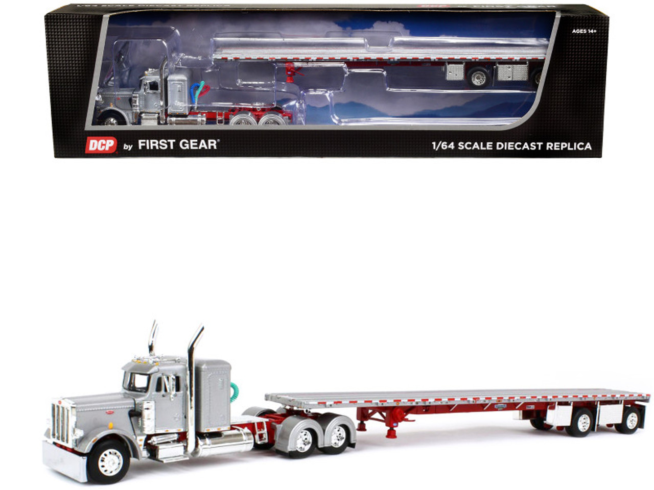 Peterbilt 359 with 36" Flat Top Sleeper and Wilson Roadbrute Spread-Axle Flatbed Trailer Silver and Red 1/64 Diecast Model by DCP/First Gear