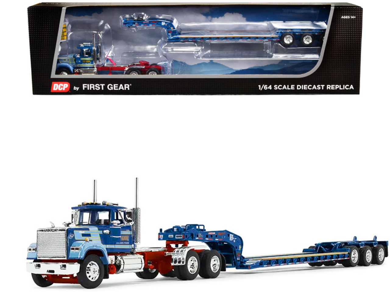 Mack Super-Liner Day Cab and Fontaine Magnitude Tri-Axle Lowboy Trailer "Sid Kamp" Blue 1/64 Diecast Model by DCP/First Gear