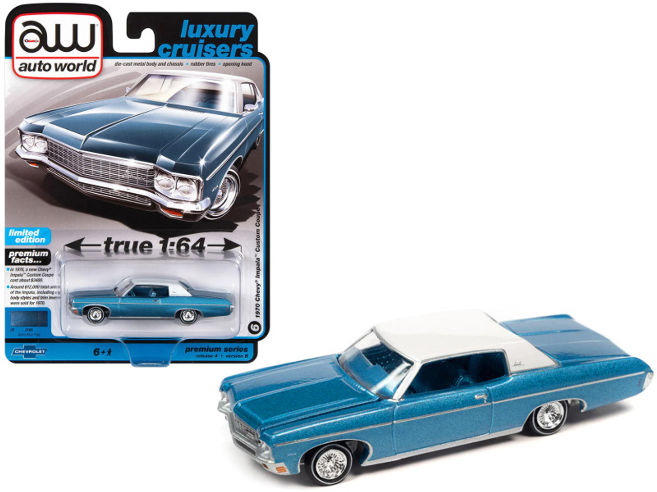 1/64 Auto World 1970 Chevrolet Impala Custom Coupe (Astro Blue Poly) Diecast Car Model