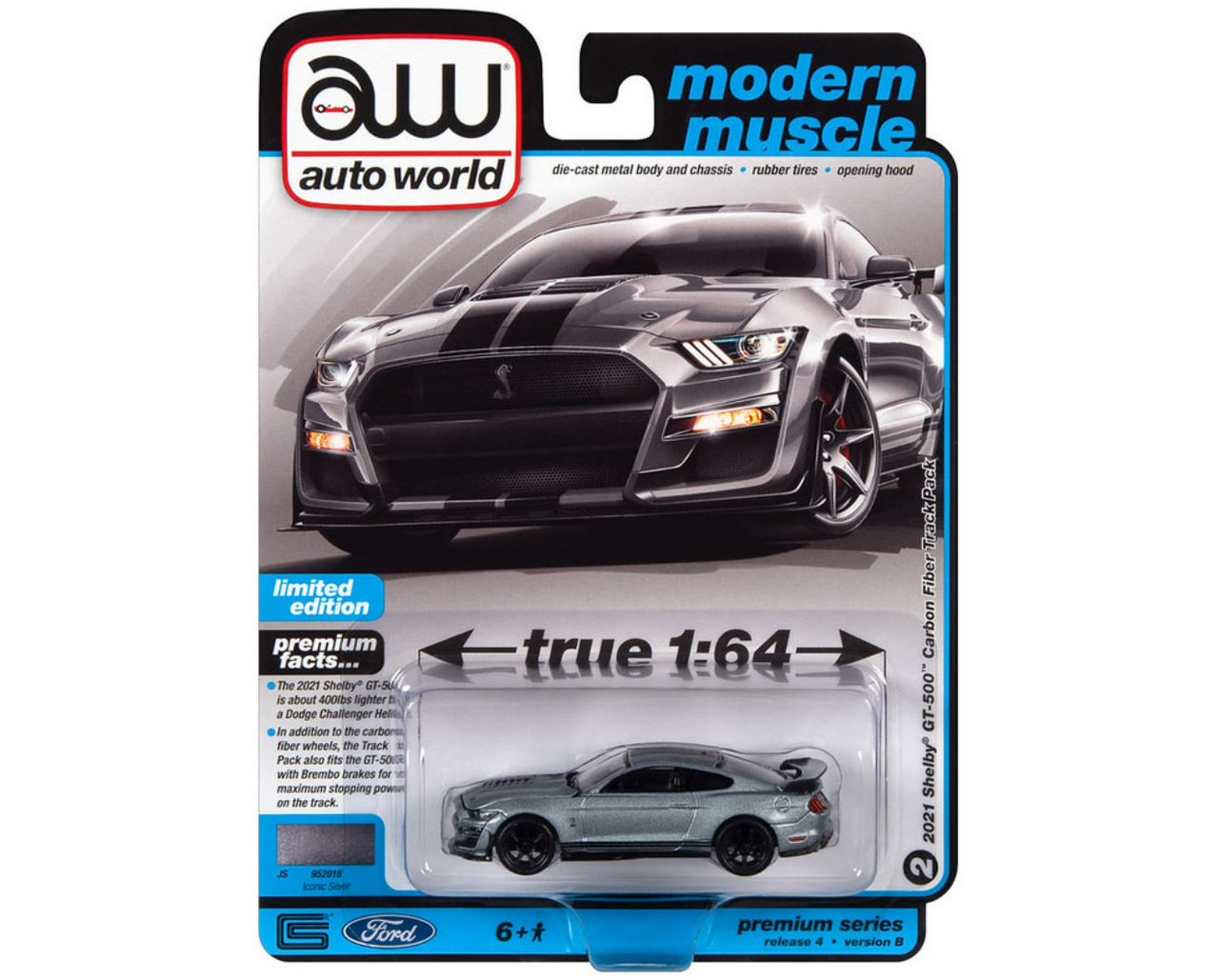 1/64 Auto World 2021 Shelby GT500 Carbon Fiber Track Pack (Iconic Silver) Diecast Car Model